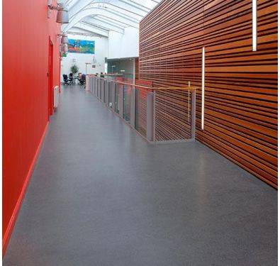 offers 14dB impact sound reduction and has an R9 slip resistance rating. It is a twinlayer linoleum built up from 2mm of Marmoleum and a 2mm Corkment backing.